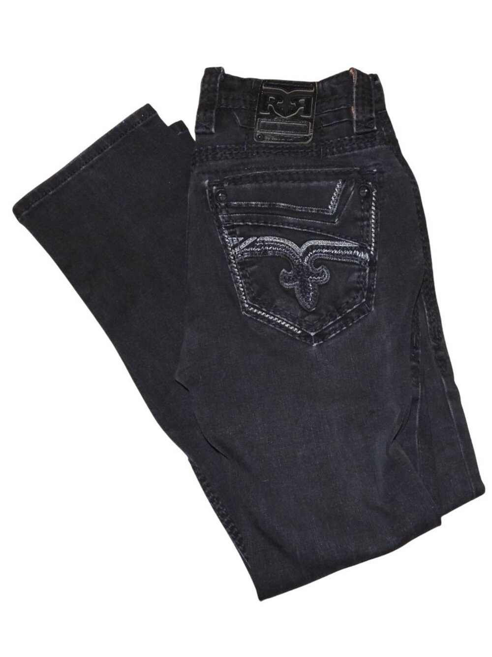 Rock Revival Ismael Straight Jeans Black Denim Embroidered Flap Pockets 31x30
